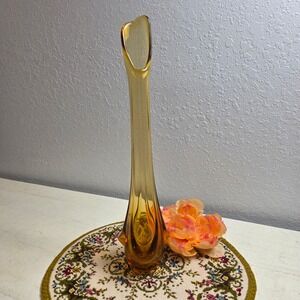 Vintage MCM 60s‎ Viking Epic Line Glass Amber Swung Stretch Vase 3 Long Drapes